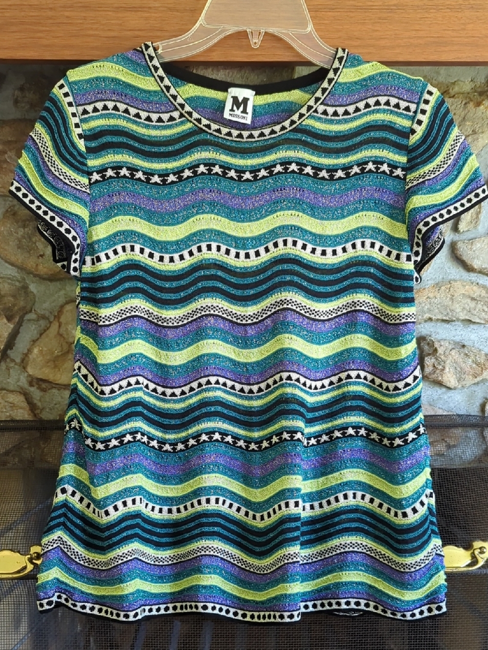 M Missoni Metallic Wave Textured Pattern Short Sleeve Top